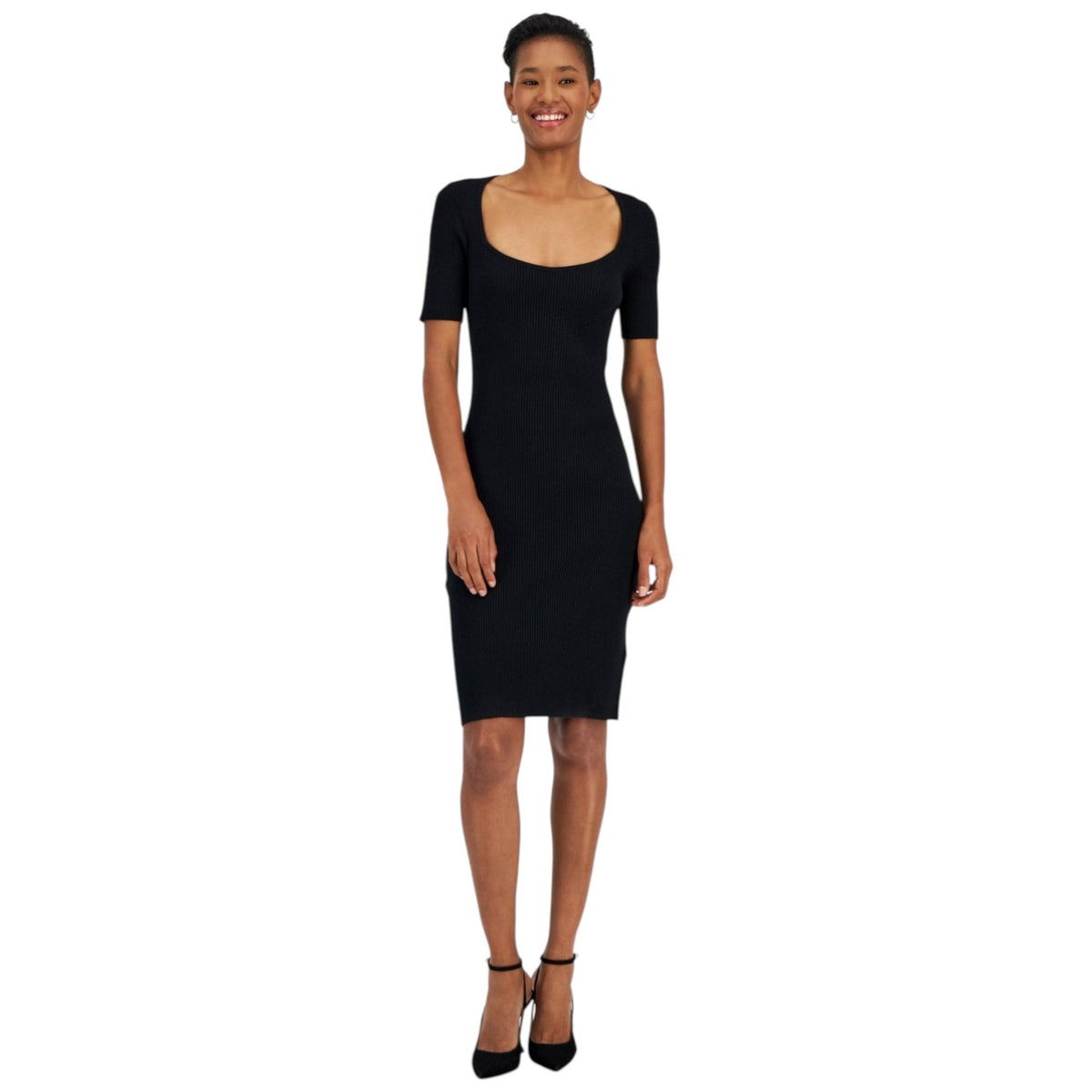 Women's Knitted Ribbed Dress,Black