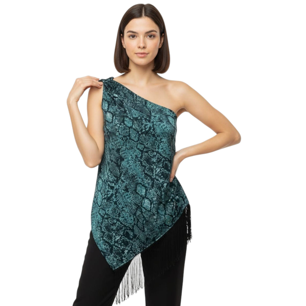 Women's Graphic Printed One Off Shoulders Top,Aqua/Black