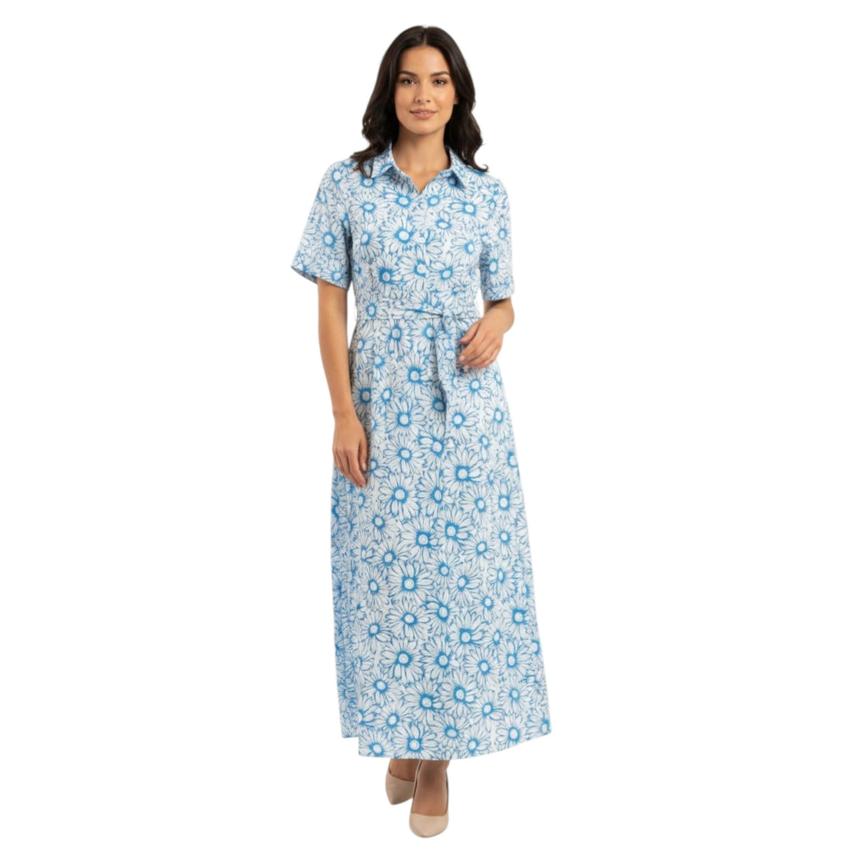 Women's Blue Floral Printed Dress,White