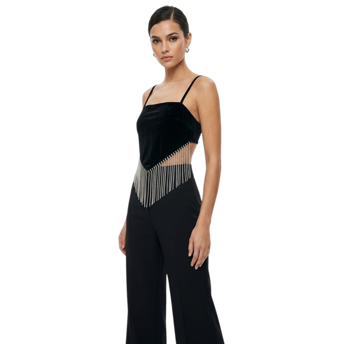 Women's Strass Fringe Velour Crop Top,Black