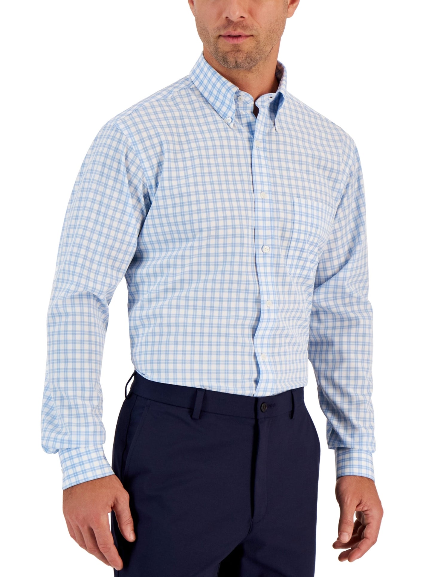 Men's Light Blue Plaid Dress Shirt,White