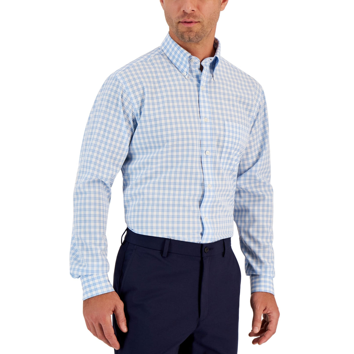 Men's Light Blue Plaid Dress Shirt,White