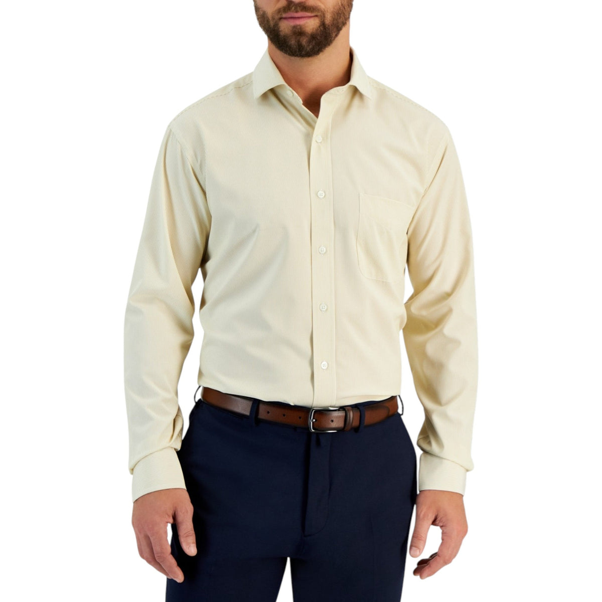 Men's White Striped Dress Shirt,Light Beige