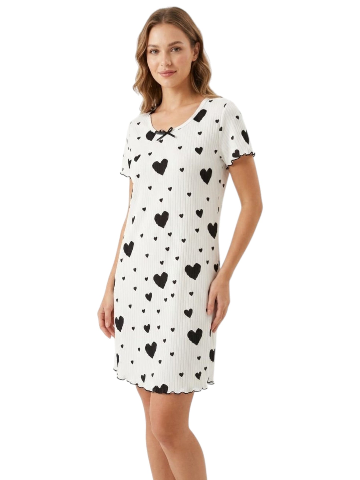 Women's Hearts Printed Ribbed Sleepwear Robe,White