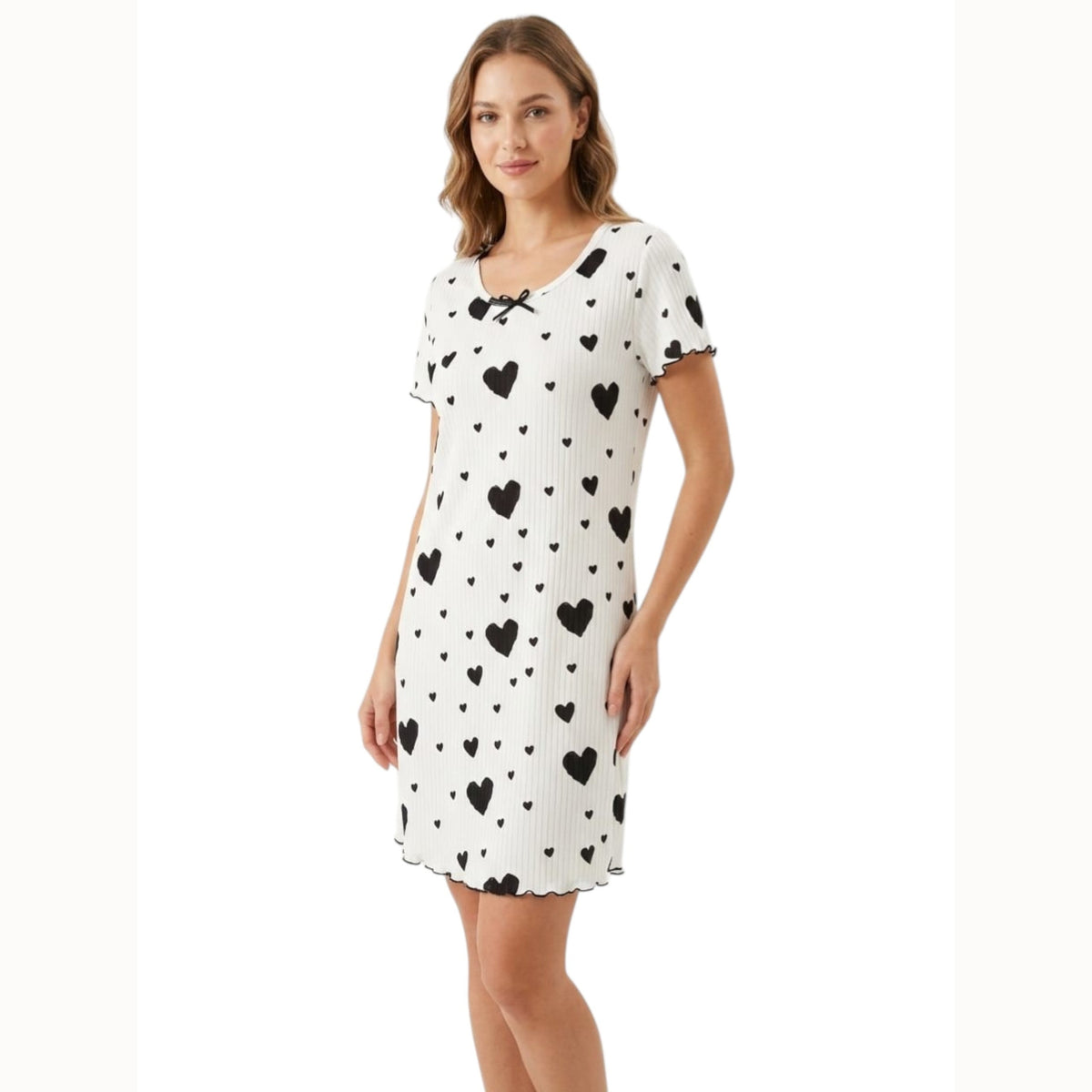 Women's Hearts Printed Ribbed Sleepwear Robe,White