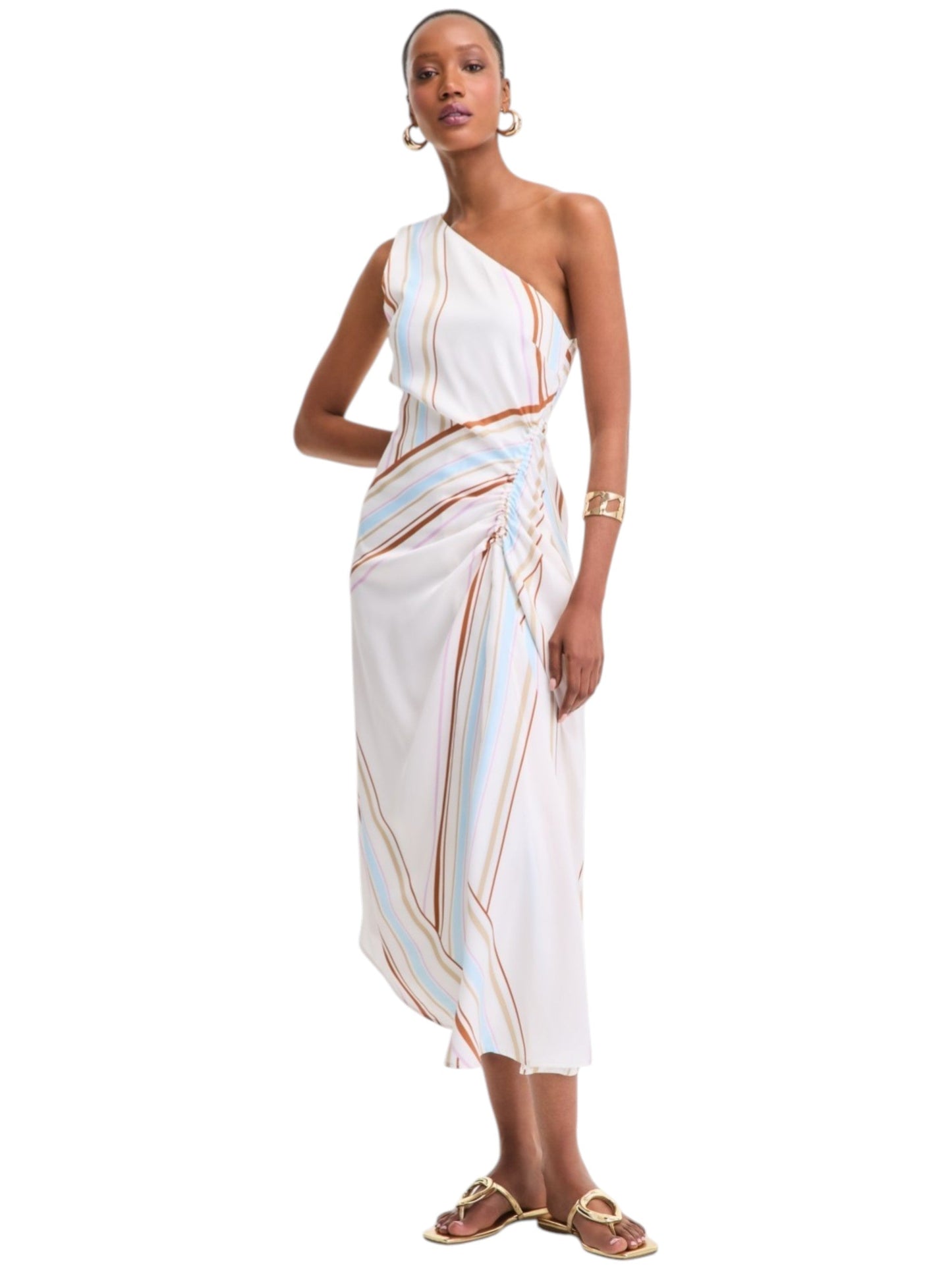 Women's Multi Colored Striped One Off Shoulders Dress,Multi