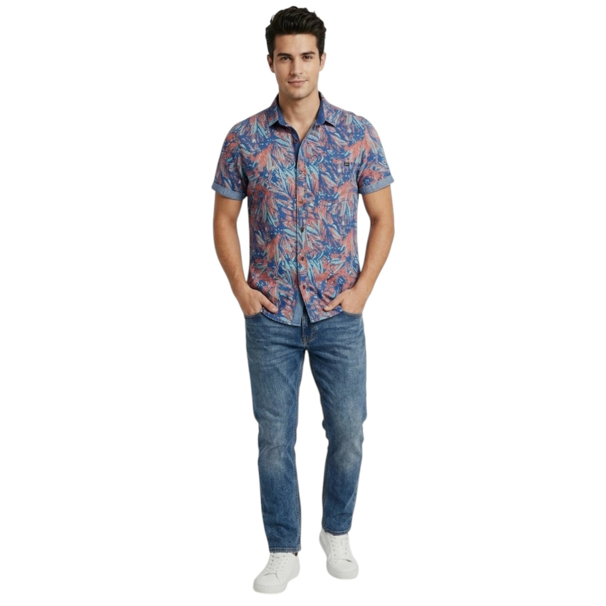 Men's Graphic Multi Colored Printed Dress Shirt,Blue