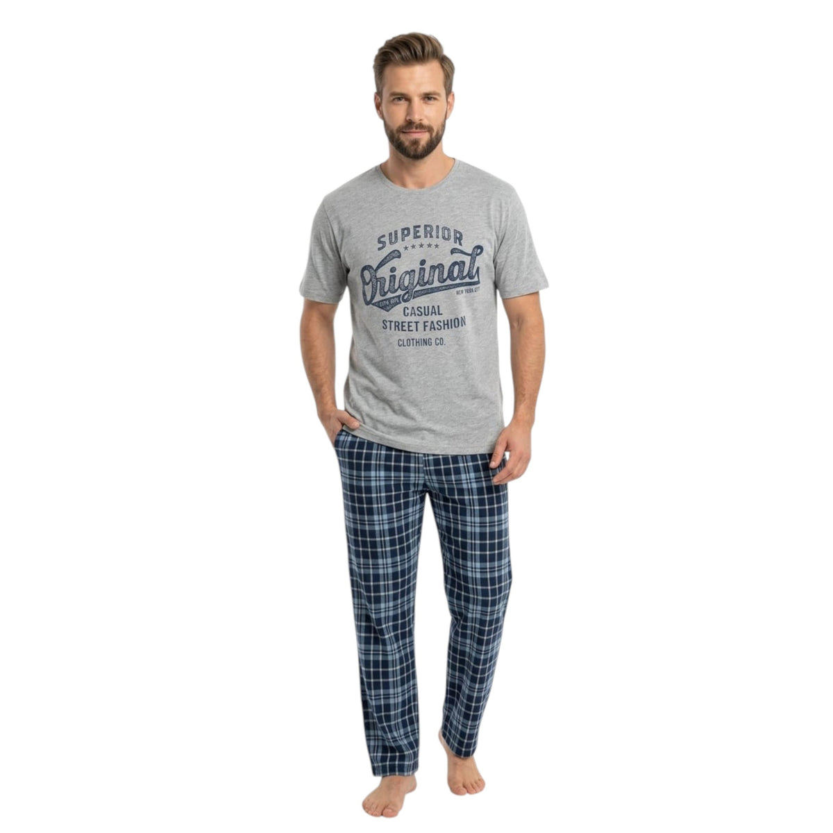 Men's Plaid Sleepwear Pajama Set,Grey/Navy