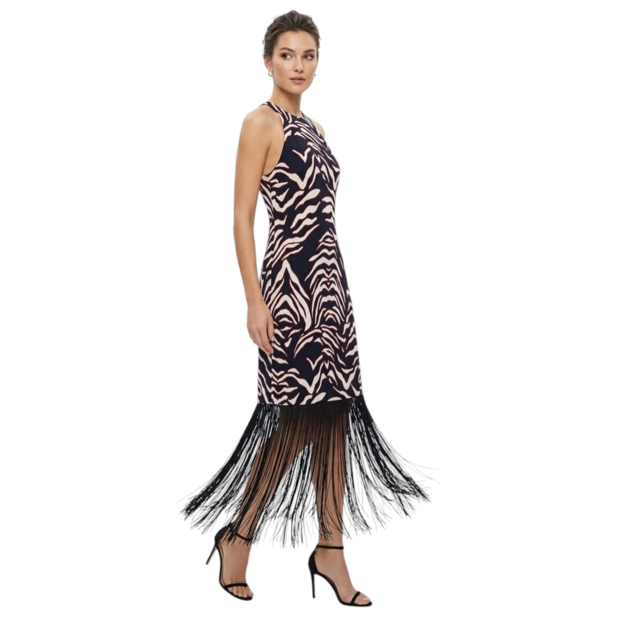 Women's Light Beige Printed Fringe Dress,Black