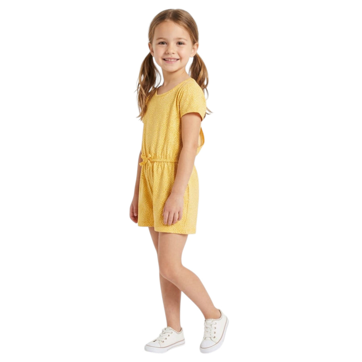 Kids Girl's White Dotted Jumpsuit,Yellow
