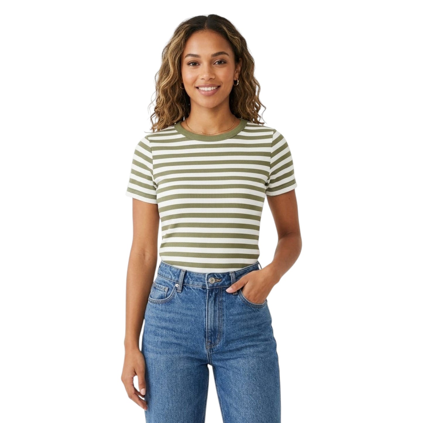 Women's White Stripped Top,Olive