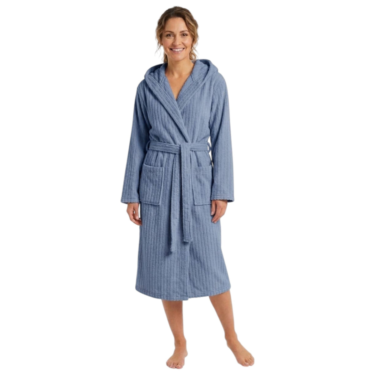 Women's Faux Fur Ribbed Sleepwear Robe&Belt,Dusty Blue