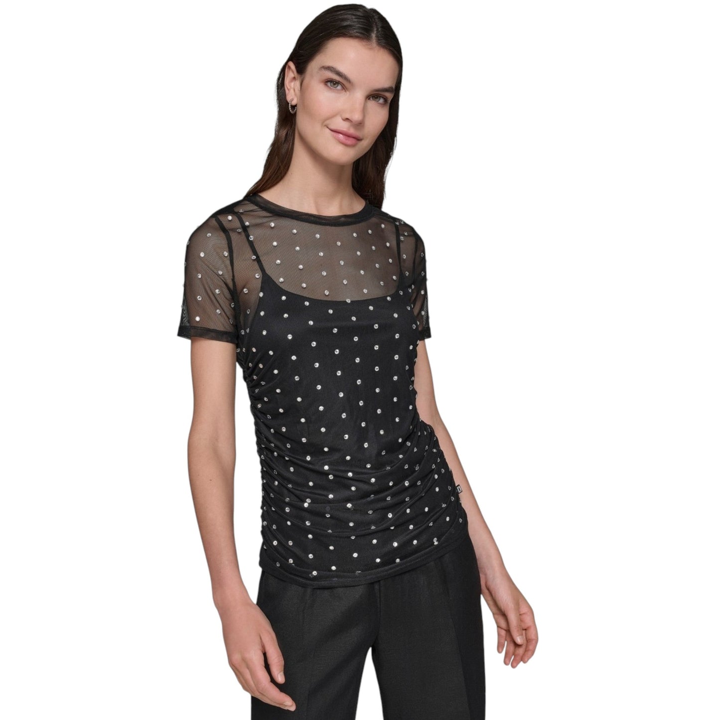 Women's Rhinstones Mesh Sheer Top& Linen Top,Black