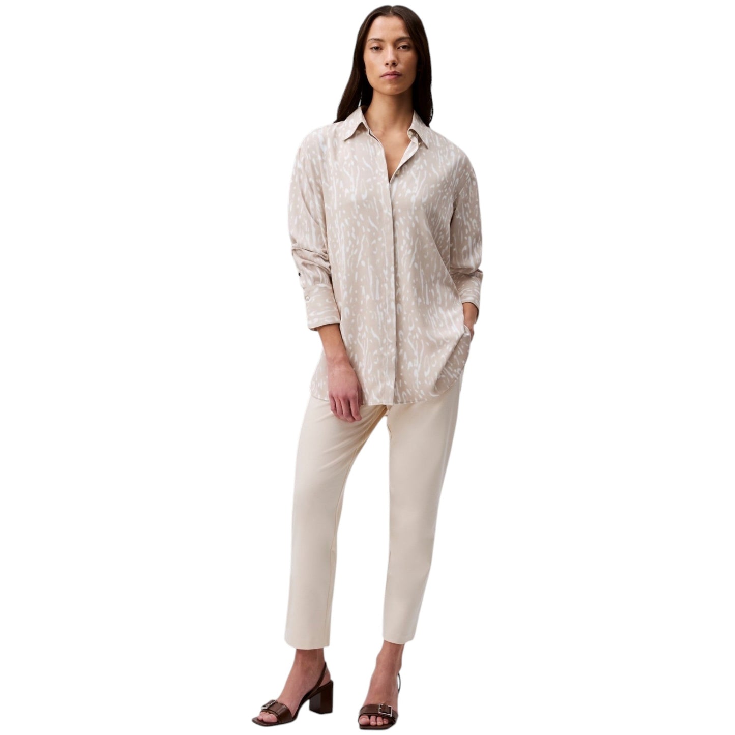 Women's White Printed Chemise,Beige