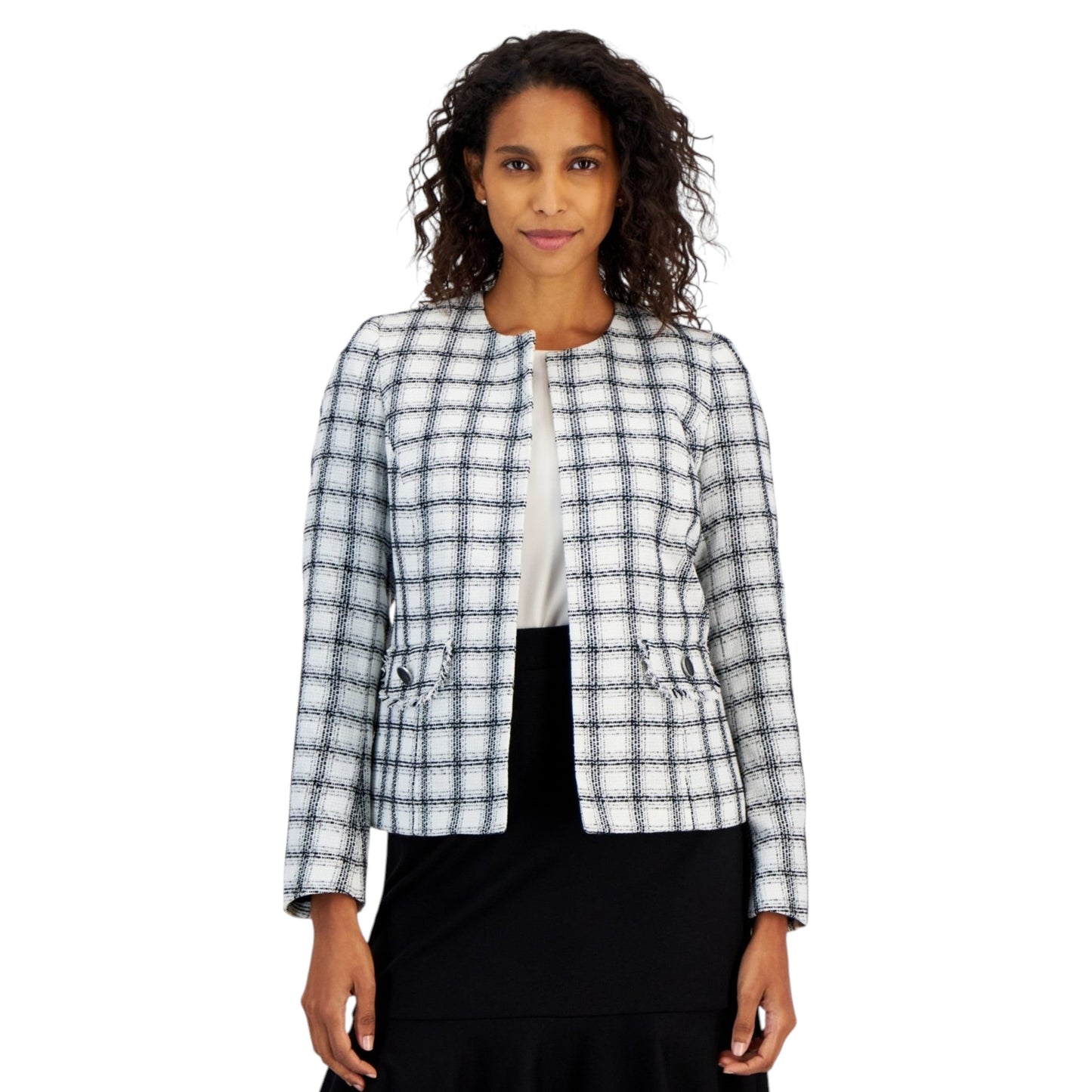 Women's Plaid Textured Blazer,White