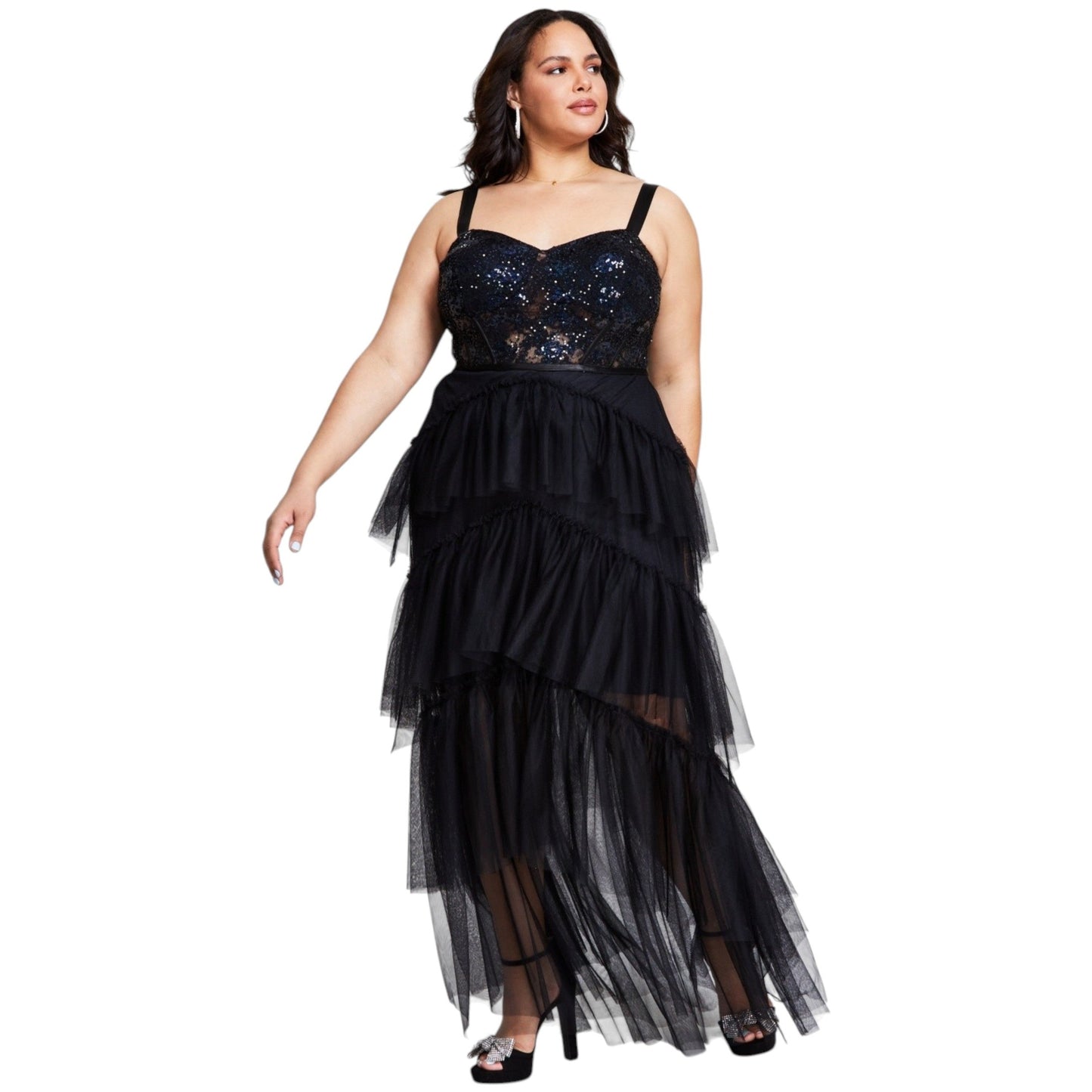 Women's Ruffled Sequined Dress,Black