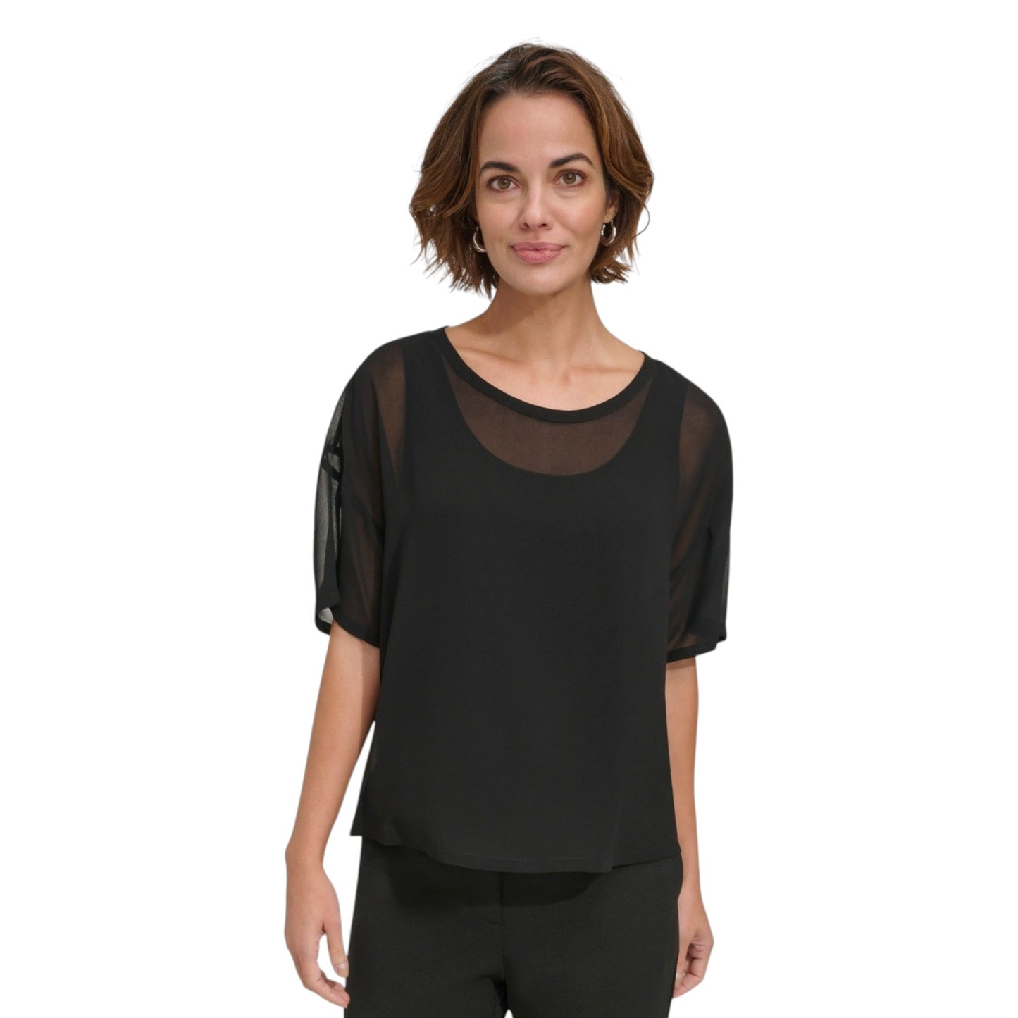 Women's Plain 2Pieces Chiffon Mesh Top&Sleeveless Top,Black