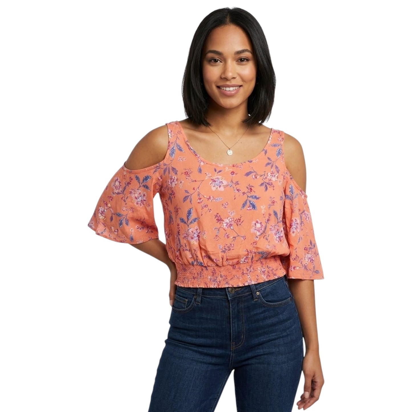 Women's Pinted Cold Shoulders Top,Coral