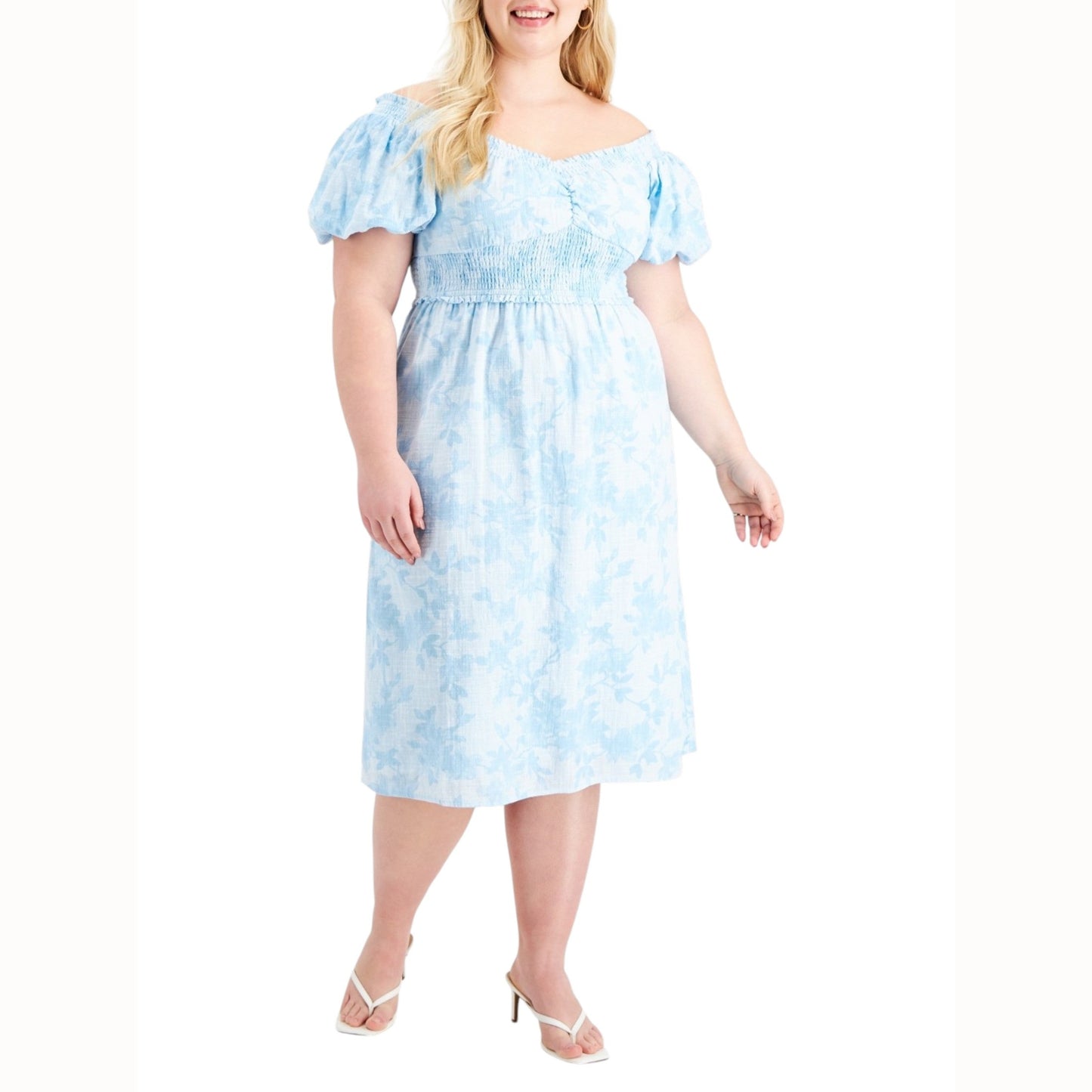 Women's Printed Cold Shoulders Dress,Light Blue