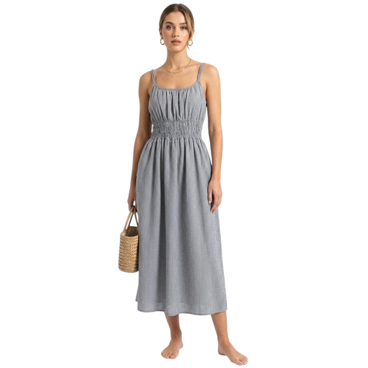 Women's White Striped Dress,Dusty Blue