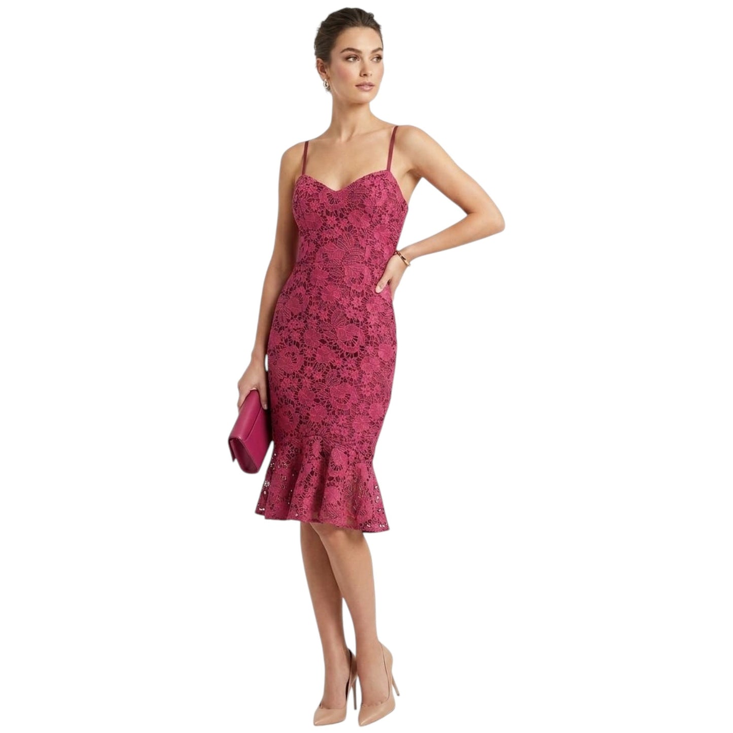 Women's Floral Designed Lace Dress,Burgundy