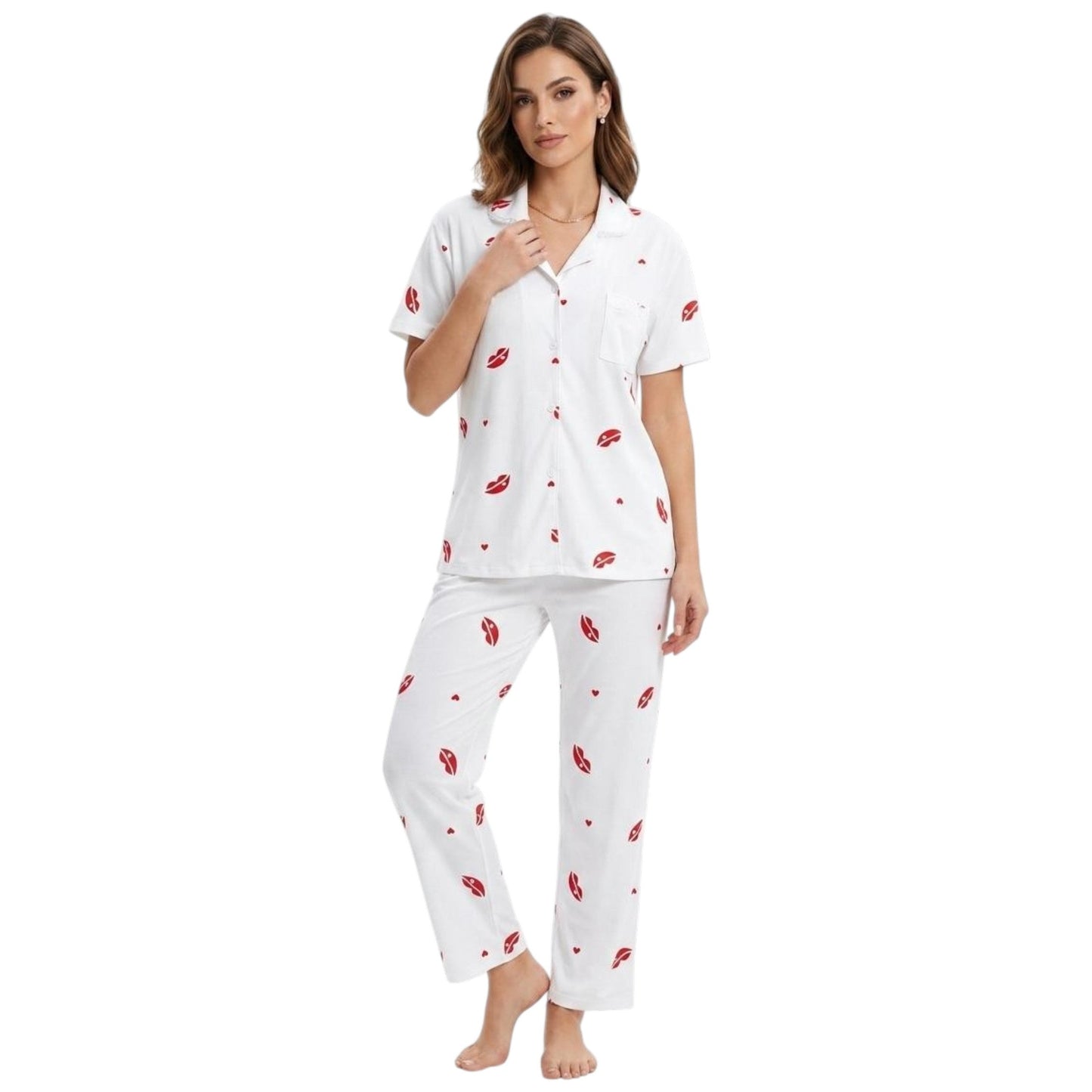 Women's Red Printed Pajama Set,White