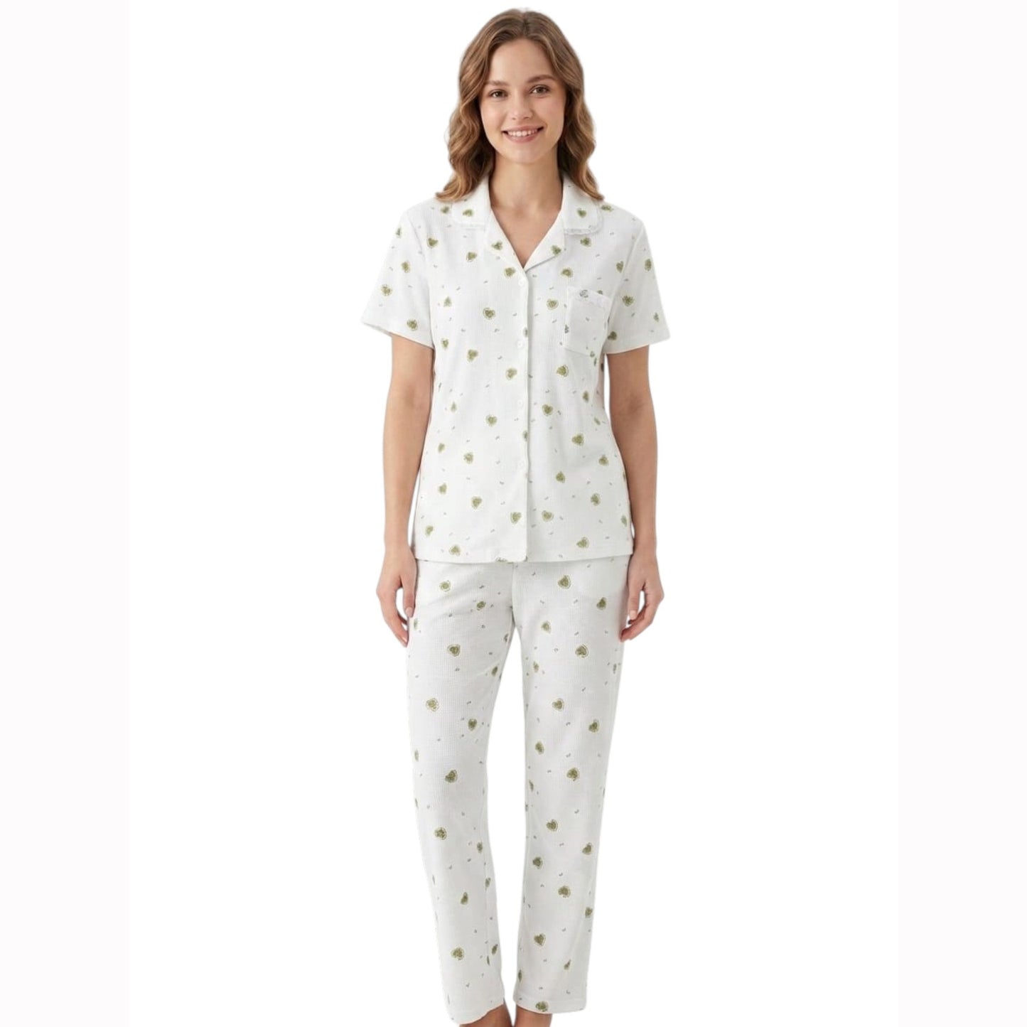 Women's Olive Printed Sleepwear Set,White