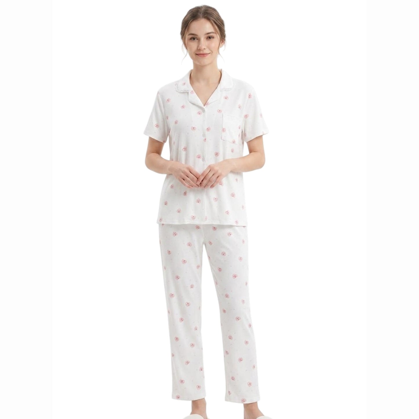 Women's Printed Pajama Set,White
