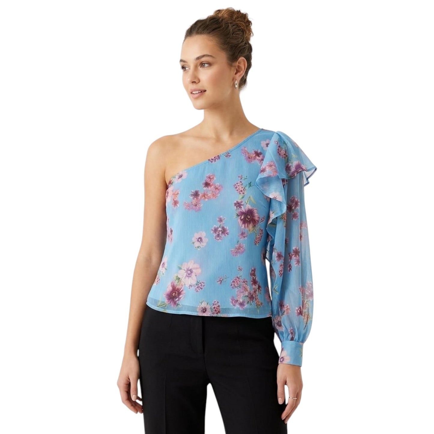Women's Printed One Off Shoulders Top,Blue