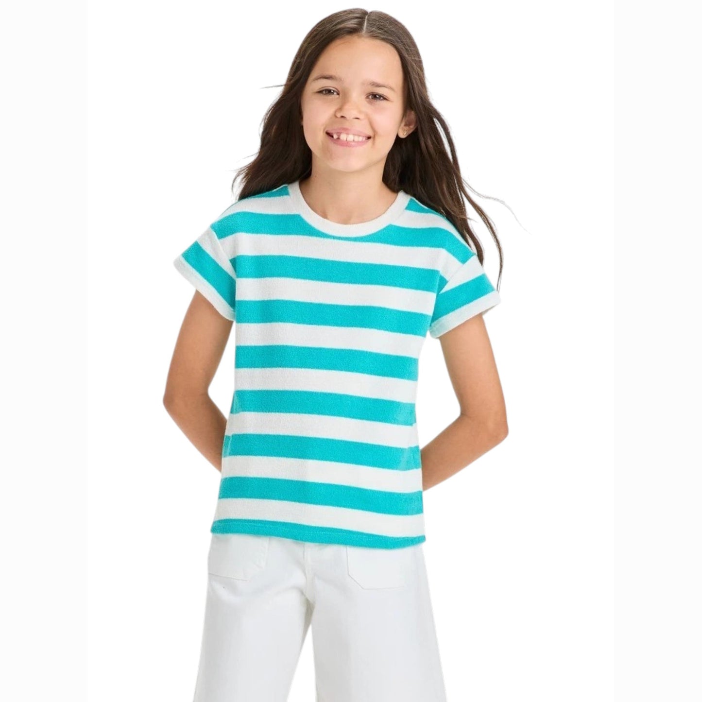 Kids Girl's Striped Top,White/Turquoise