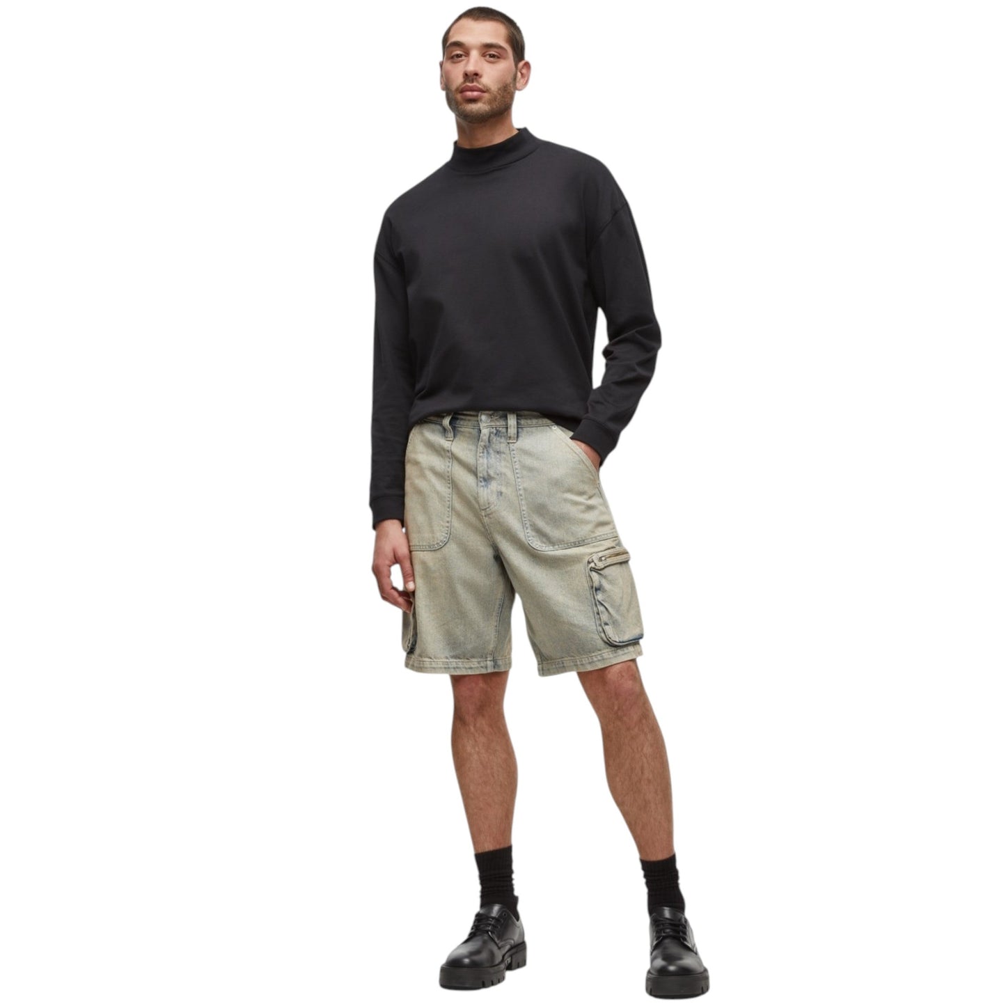 Men's Plain Solid Cargo Jeans Short,Light Blue