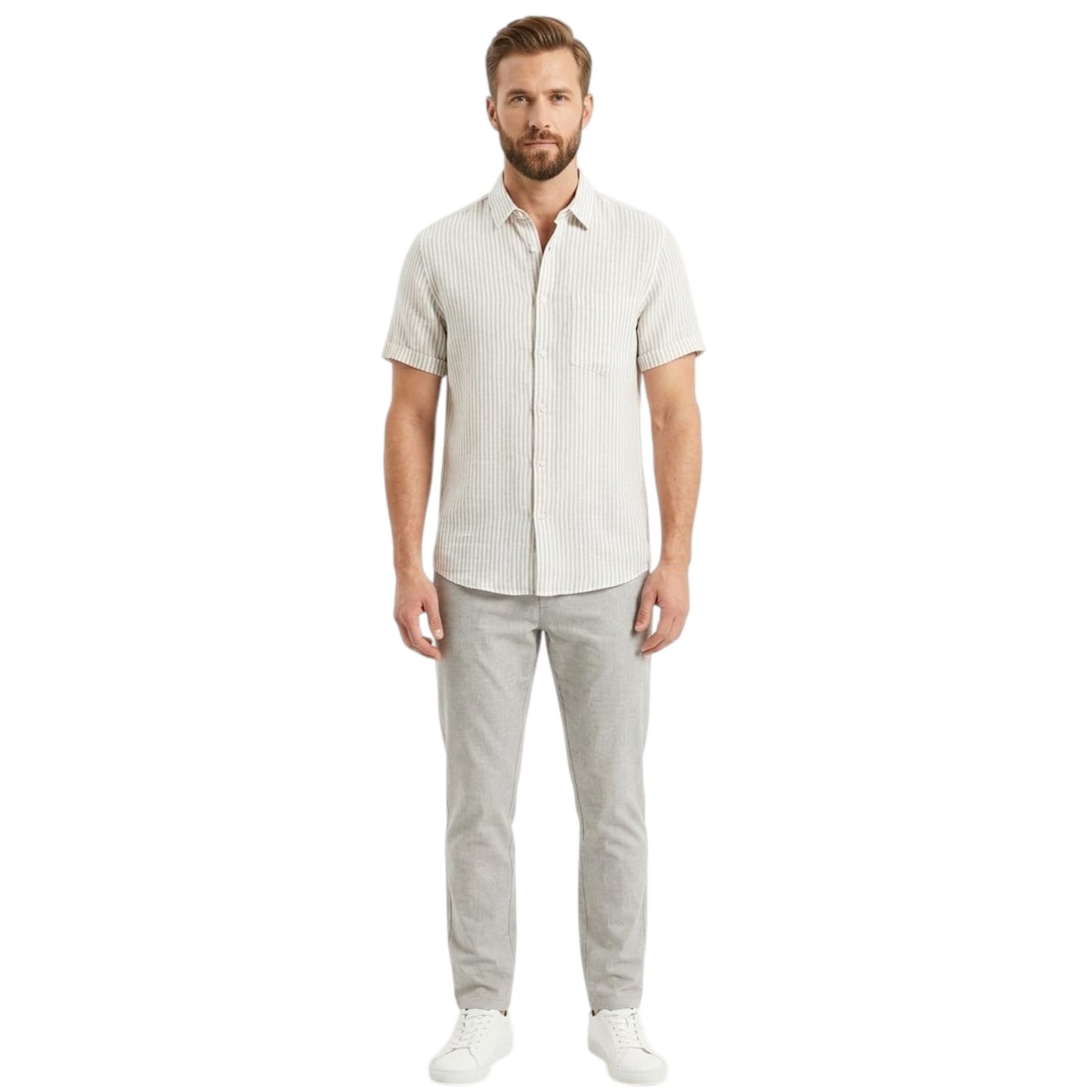 Men's White Striped Dress Shirt,Dusty Olive