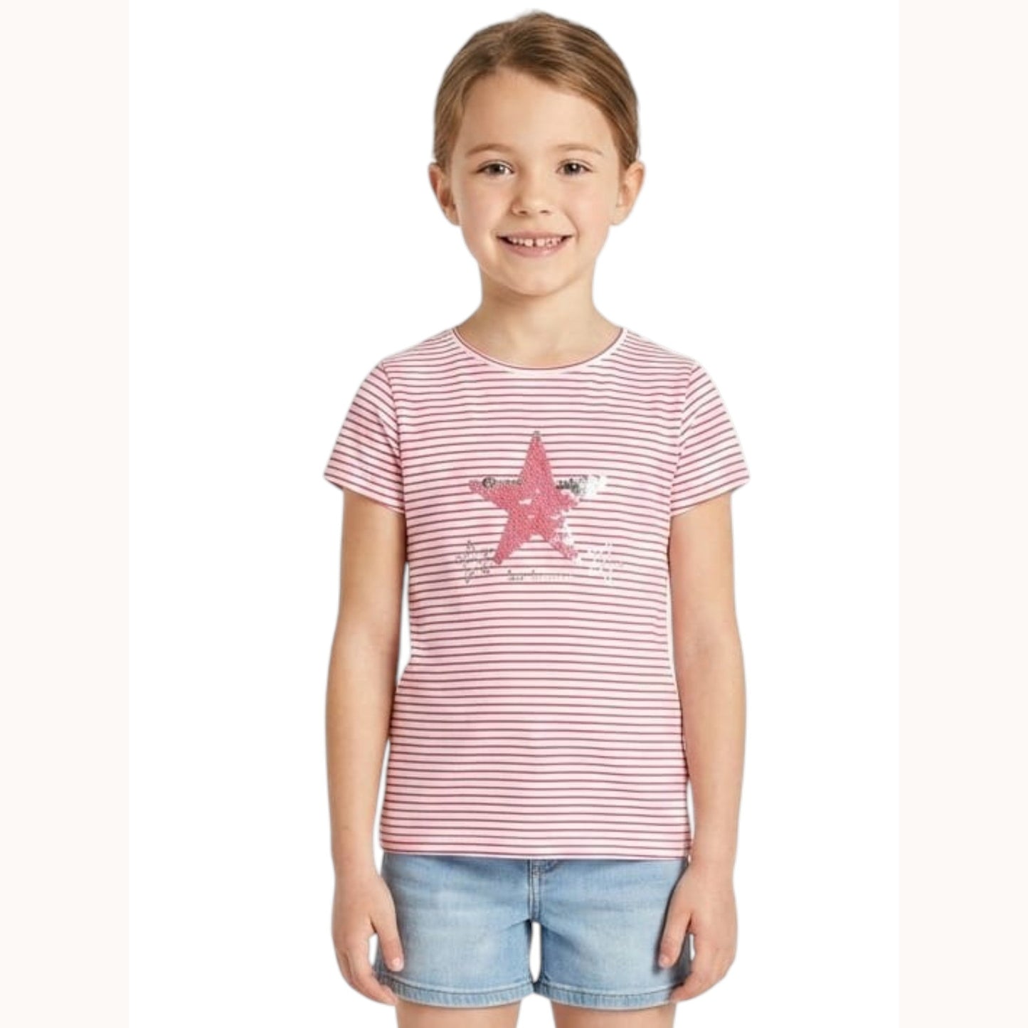 Kids Girl's Sequined Stripped Top,White/Pink