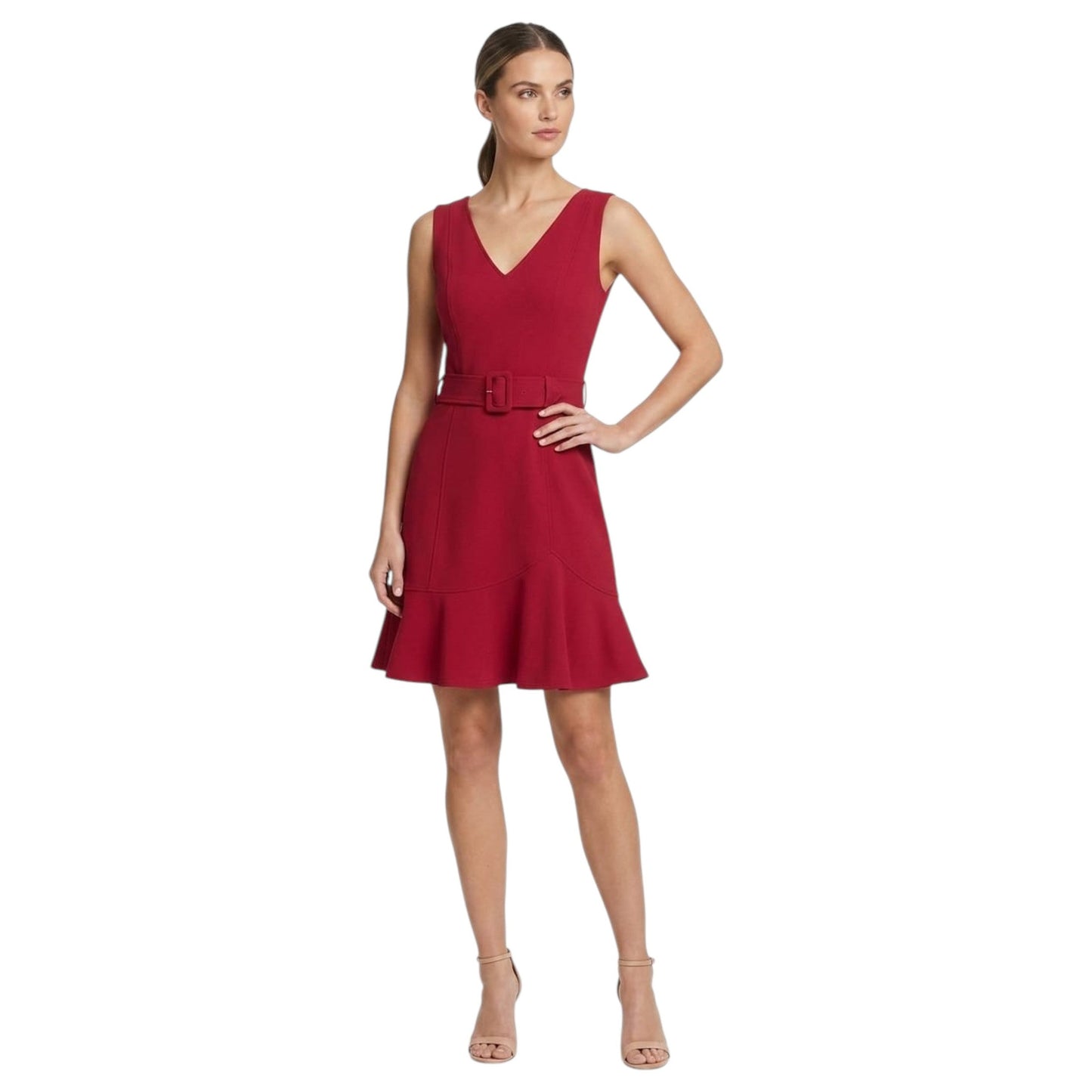 Women's Plain Dress&Belt,Red