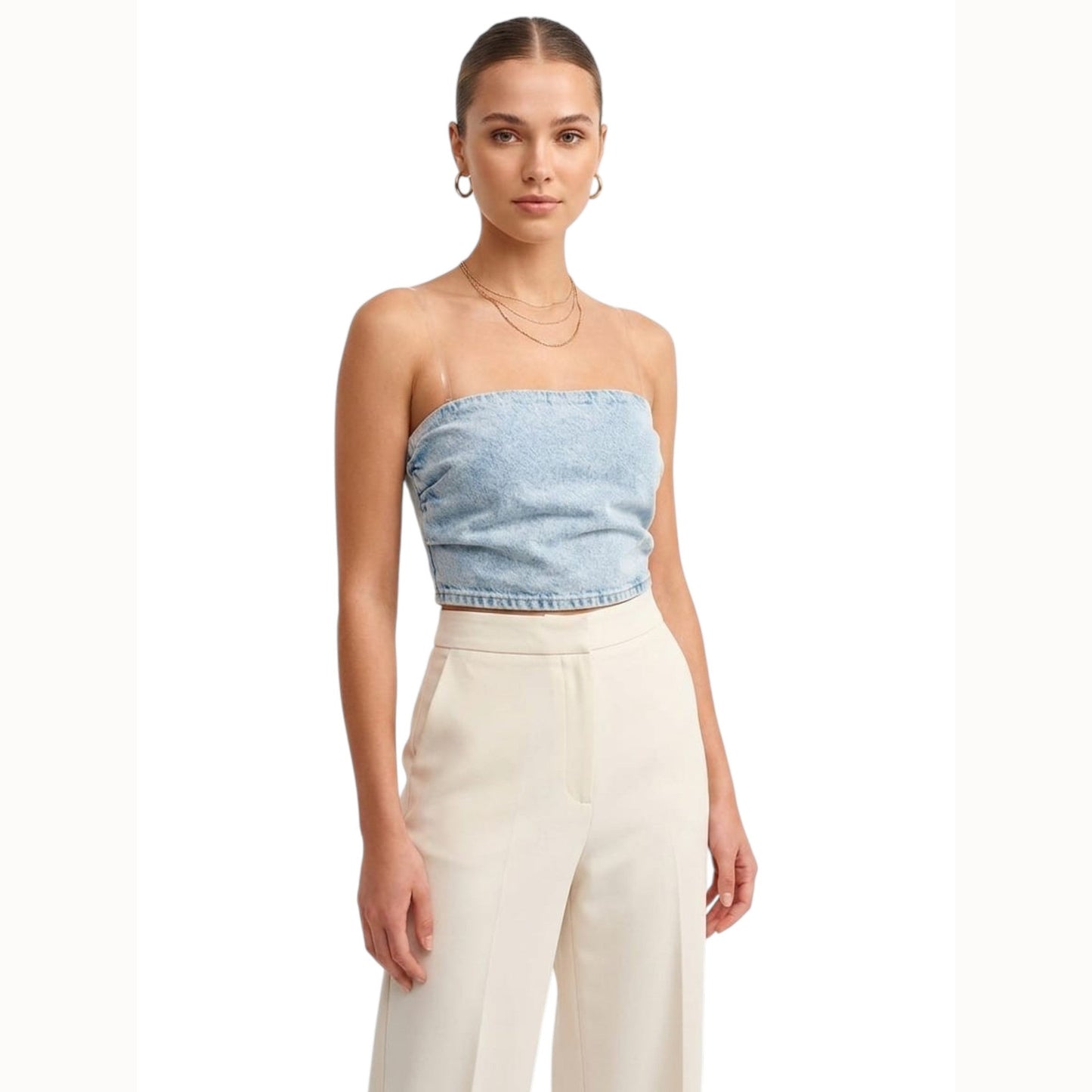 Women's Plain Denim Crop Top,Light Blue