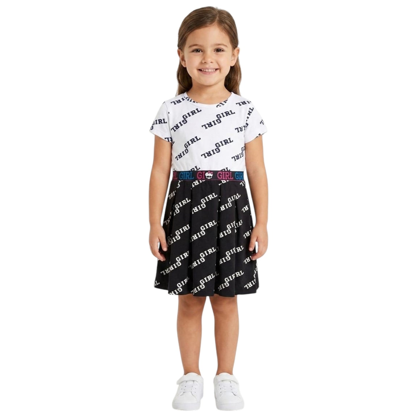 Kids Girl's Printed Dress,White/Black