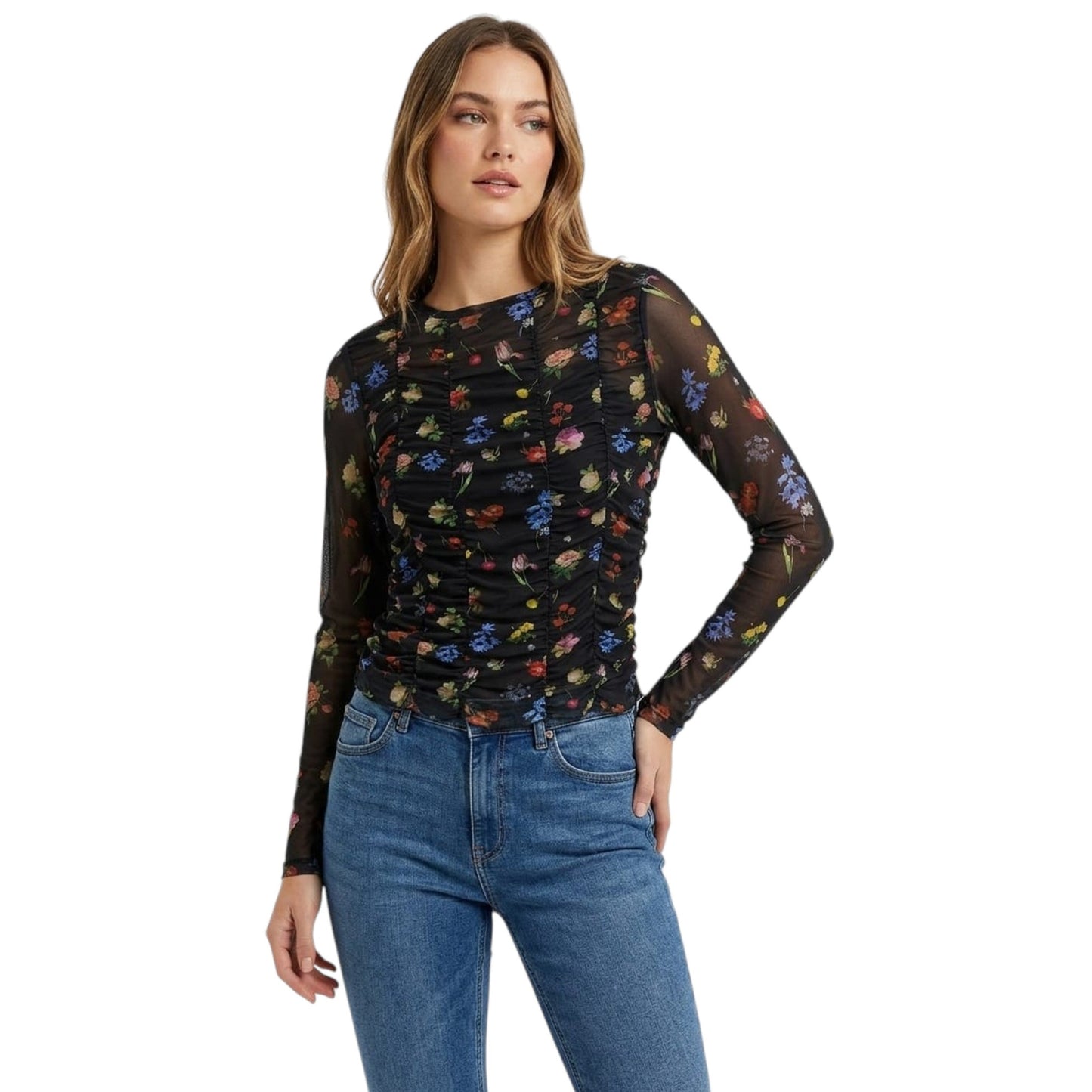 Women's Floral Printed Sheer Top,Black