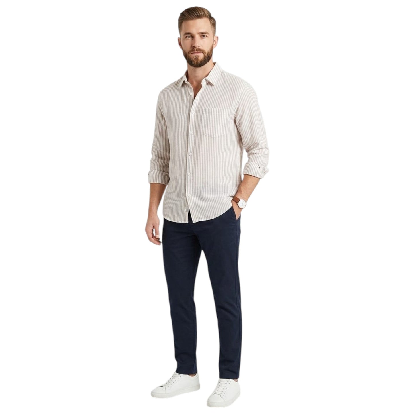 Men's Beige Stripped Dress Shirt,White