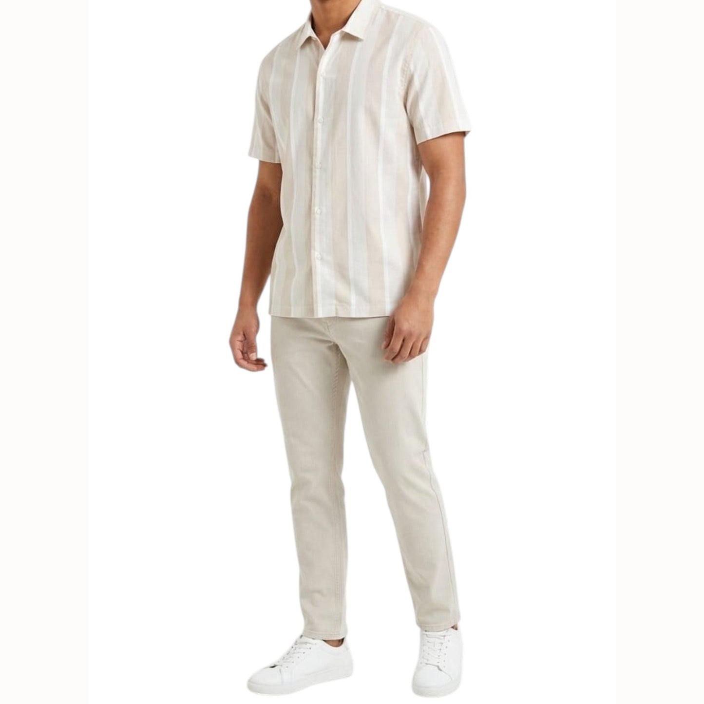 Men's White Stripped Dress Shirt,Light Beige