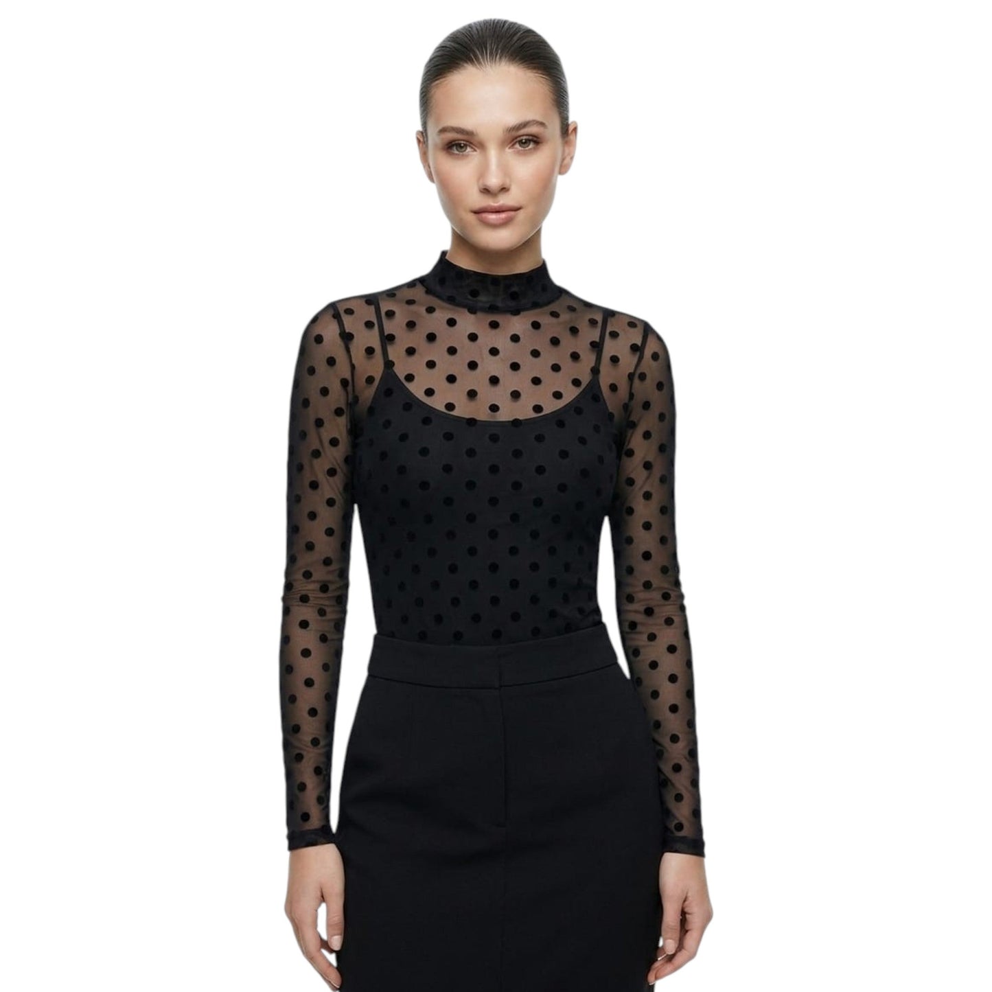 Women's Dotted Sheer Bodysuit,Black