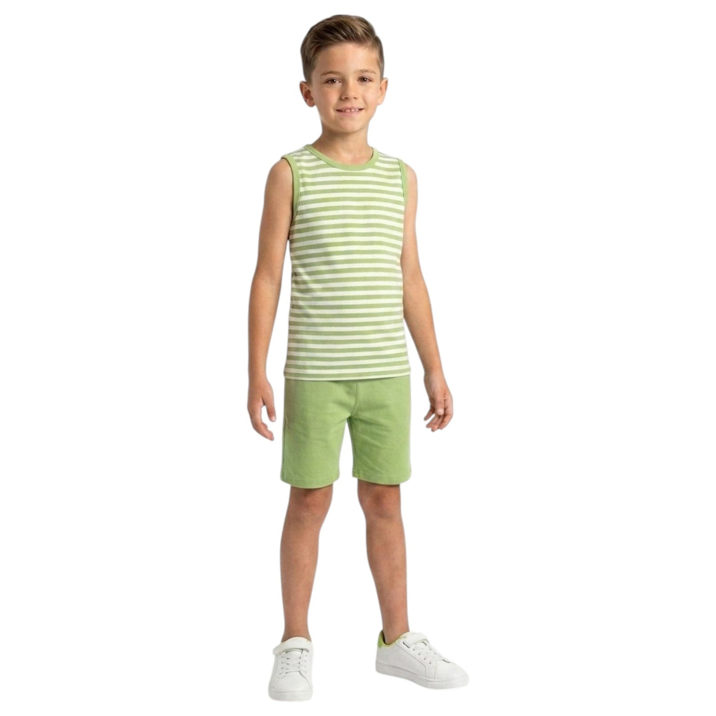 Kids Boy's Striped Set Top & Short,White/Green