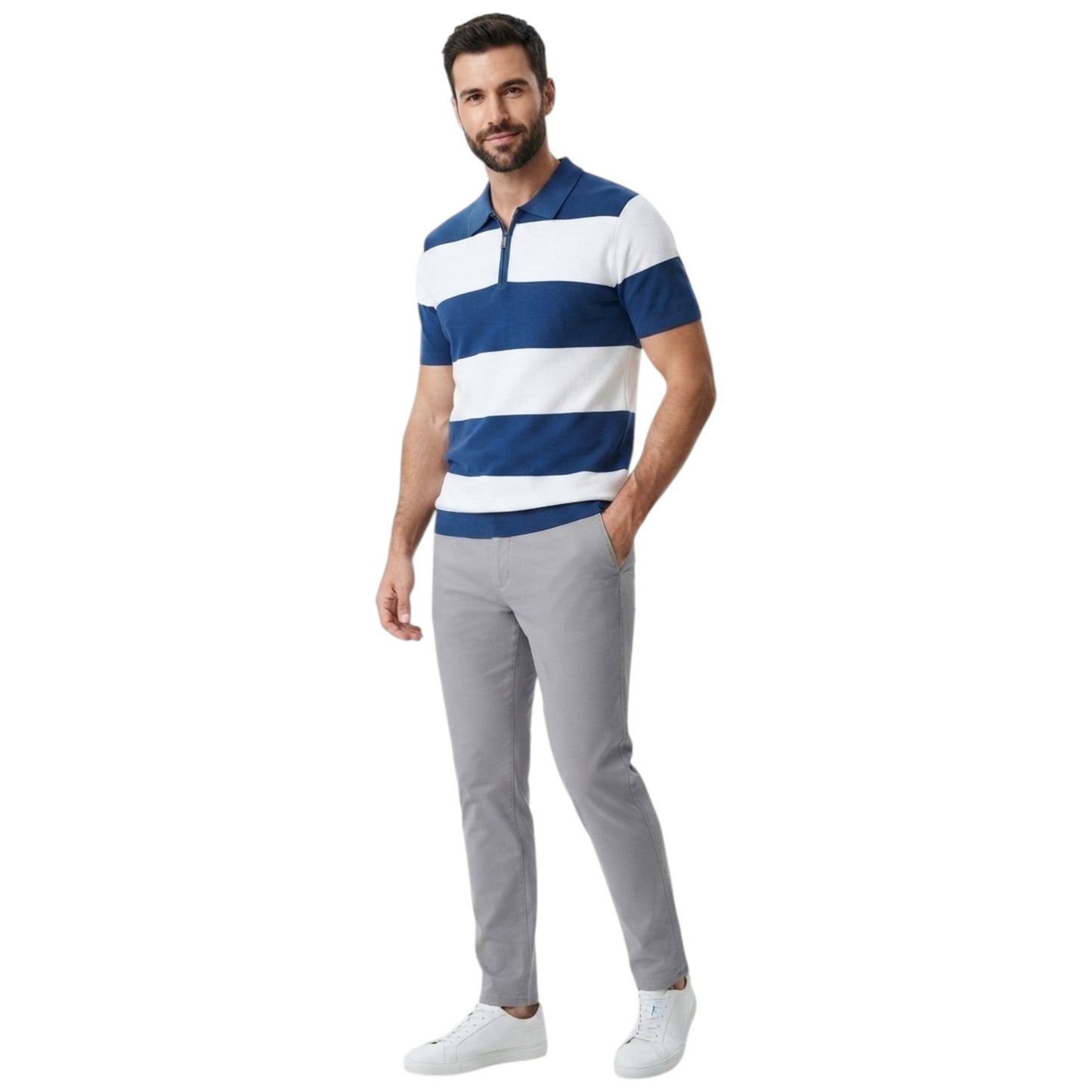 Men's Textured Polo Top,Navy/White