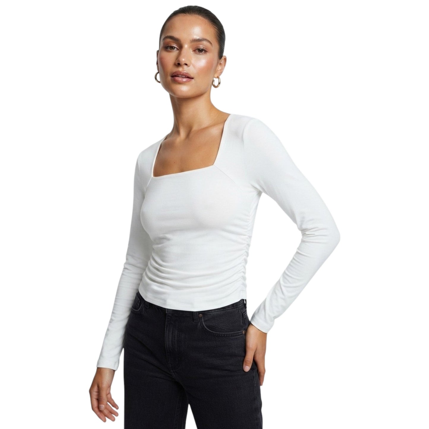 Women's Plain Ruched Side Top,White