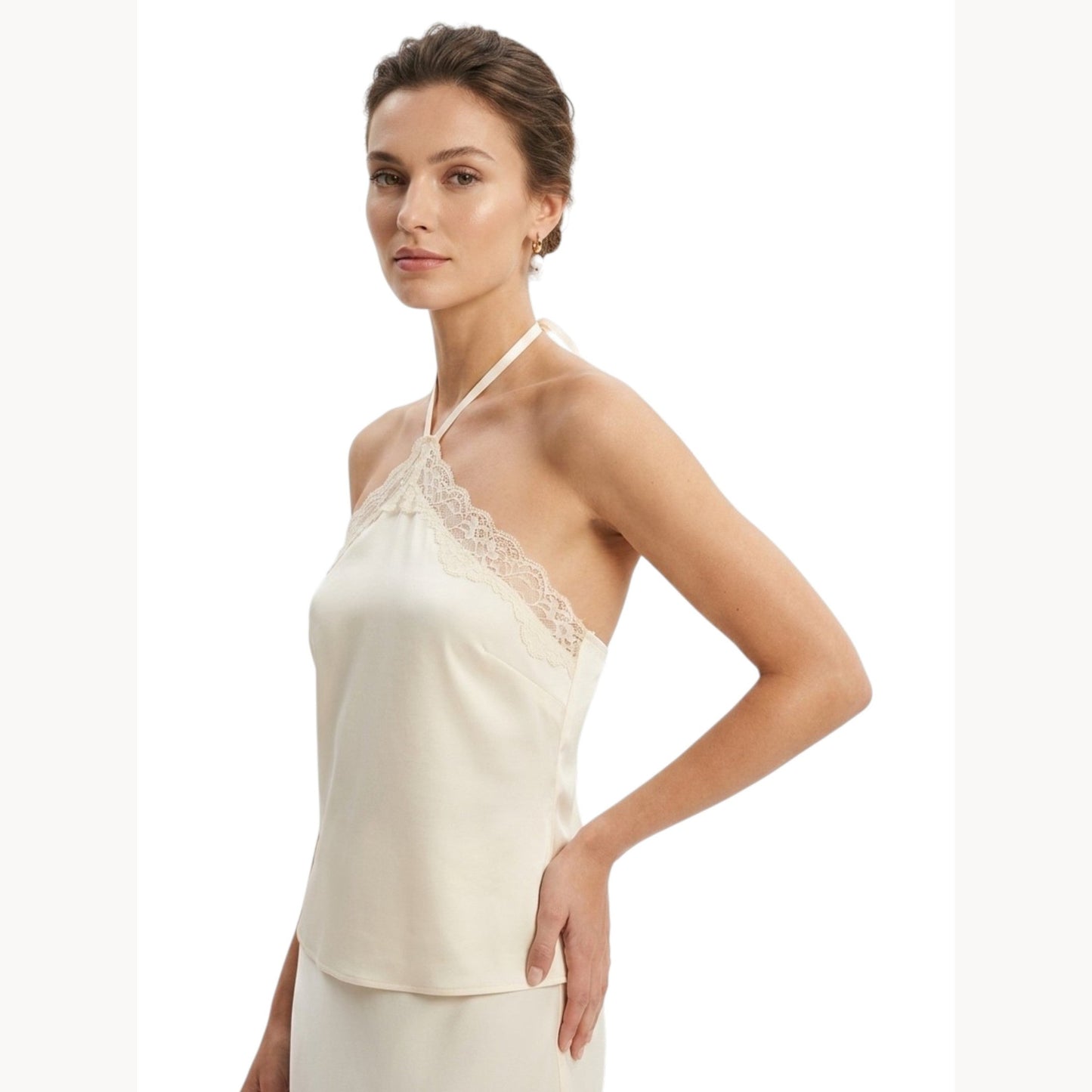 Women's Plain Lace Top,Light Beige