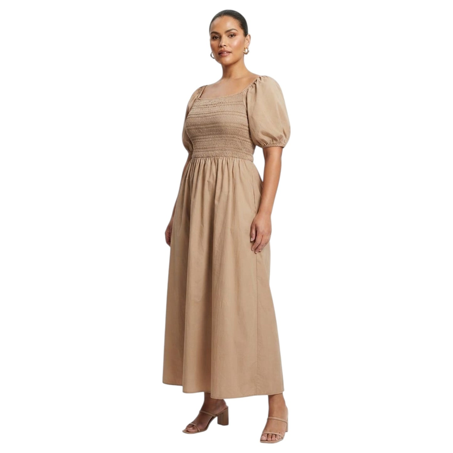 Women's Smocked Dress,Dark Beige