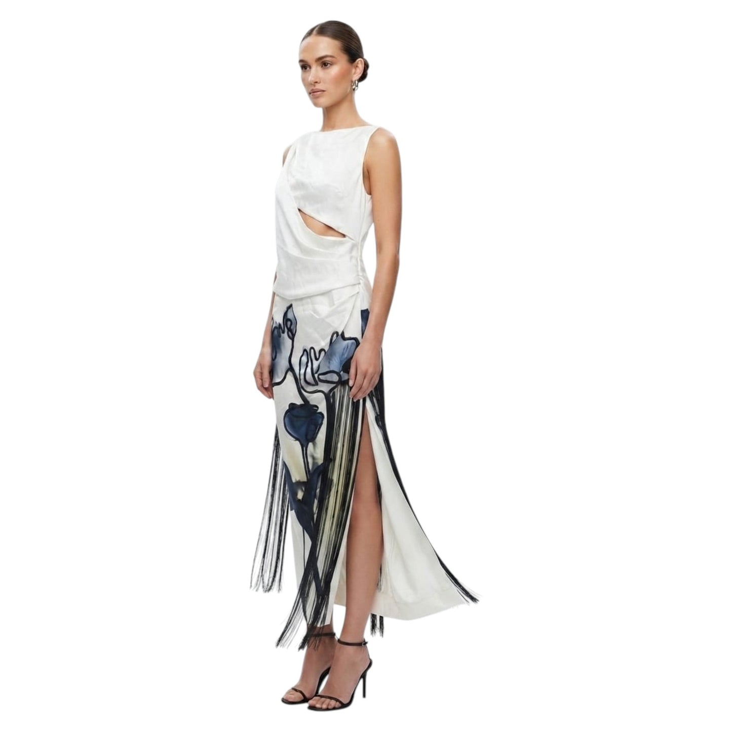 Women's Floral Embroidery And Dramatic Fringed Dress,White