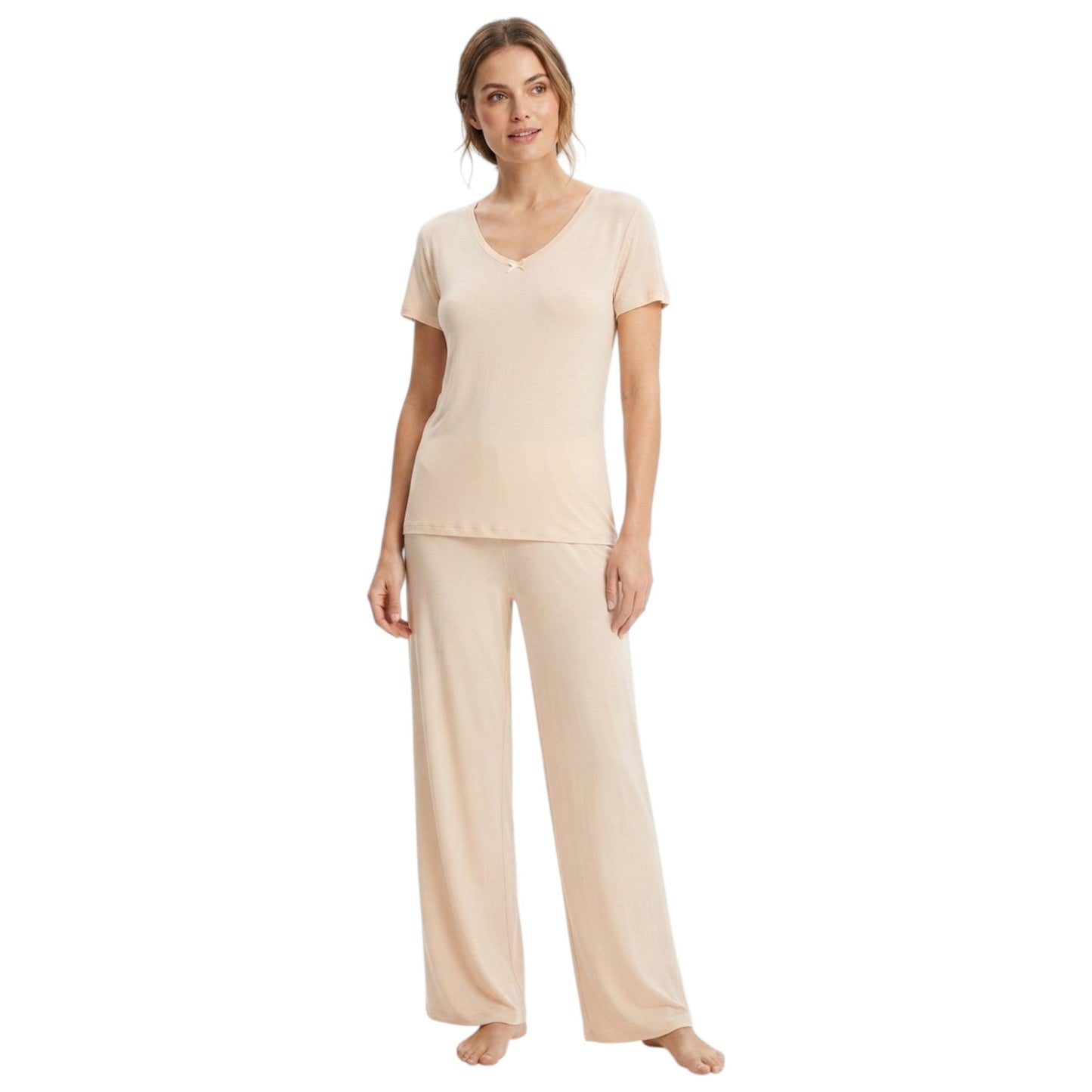 Women's Plain Solid Sleepwear Set Top&Pant,Beige
