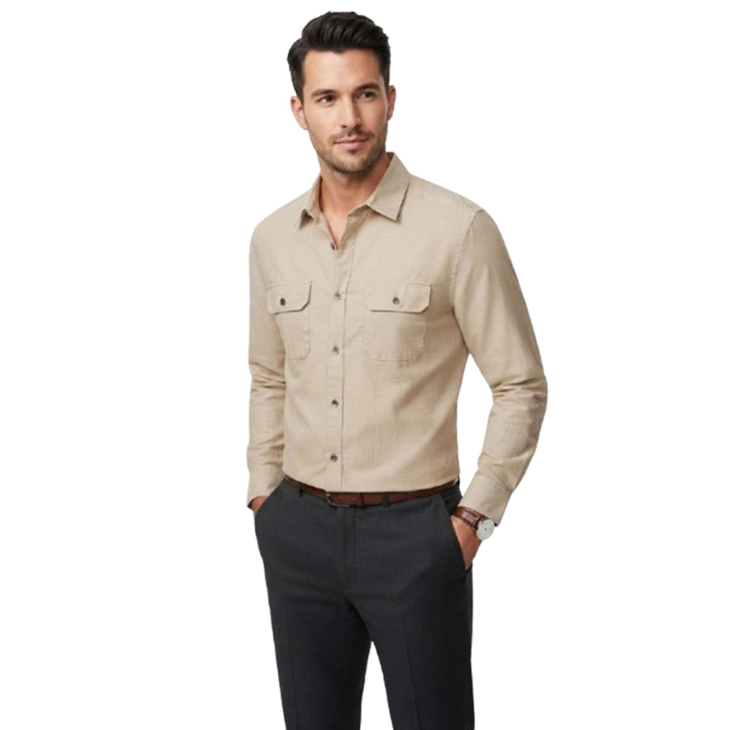 Men's Plain Solid Dress Shirt,Dark Beige
