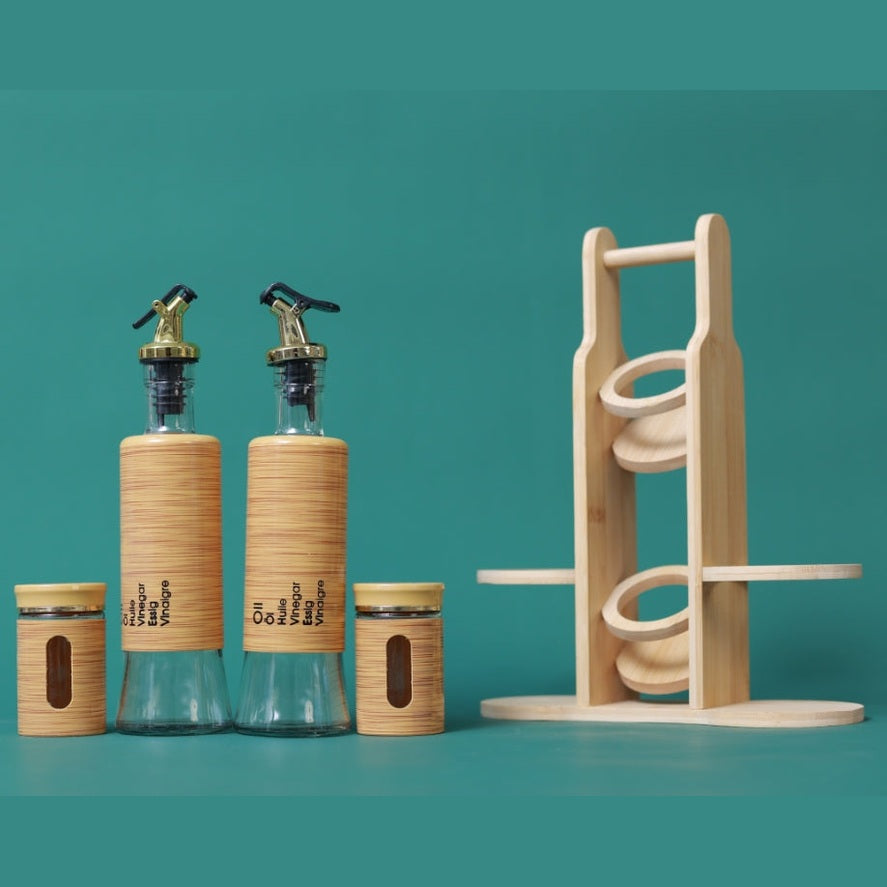 Bamboo 4-Pcs Spice Rack Set Glass Oil Bottle & Glass Pepper and Salt jars Plastic Lid #CB-TWJ41