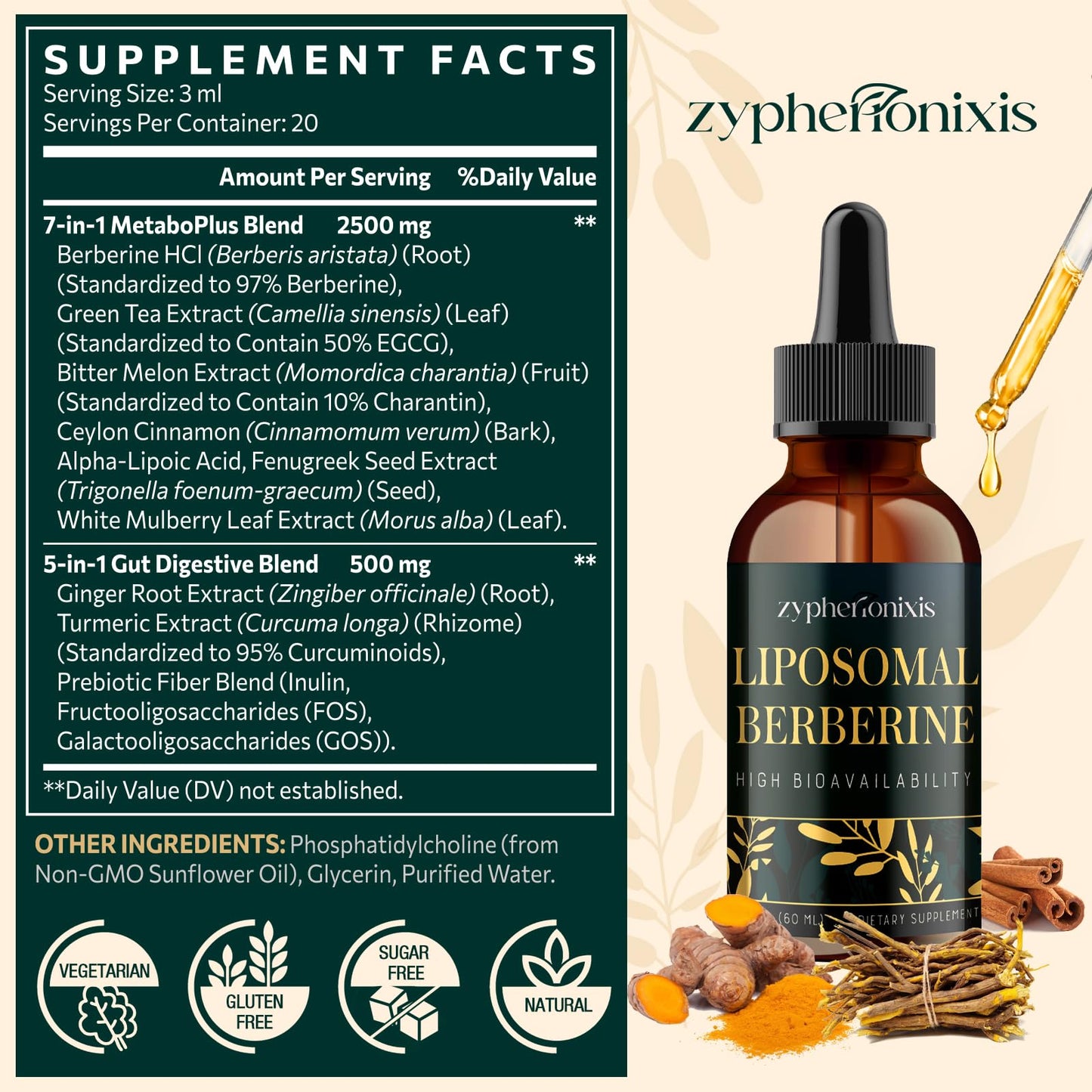 Zypherionixis Liposomal Berberine HCL Supplement Liquid 3000mg - High Absorption Berberine Drops with Ceylon Cinnamon - 12-in-1 Formula AMPK Activator, Sugar Free - 4 fl oz - Medaid International